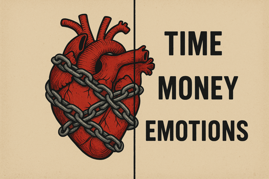 Graphic of heart chained by Time, Money, and Emotions labels, illustrating emotional aspects of sunk cost fallacy
